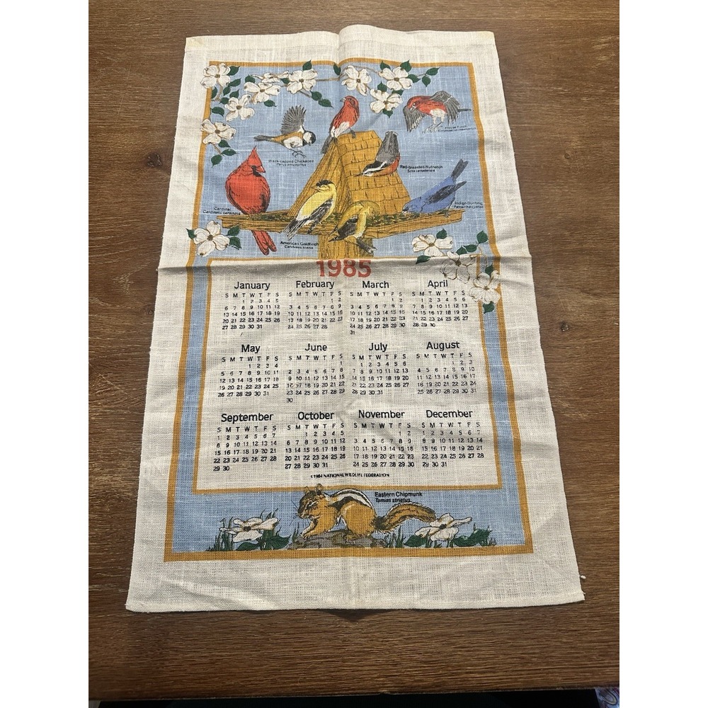 Vintage 1985 Printed Cloth Hanging Wall Calendar Tea Towel Birds Flowers